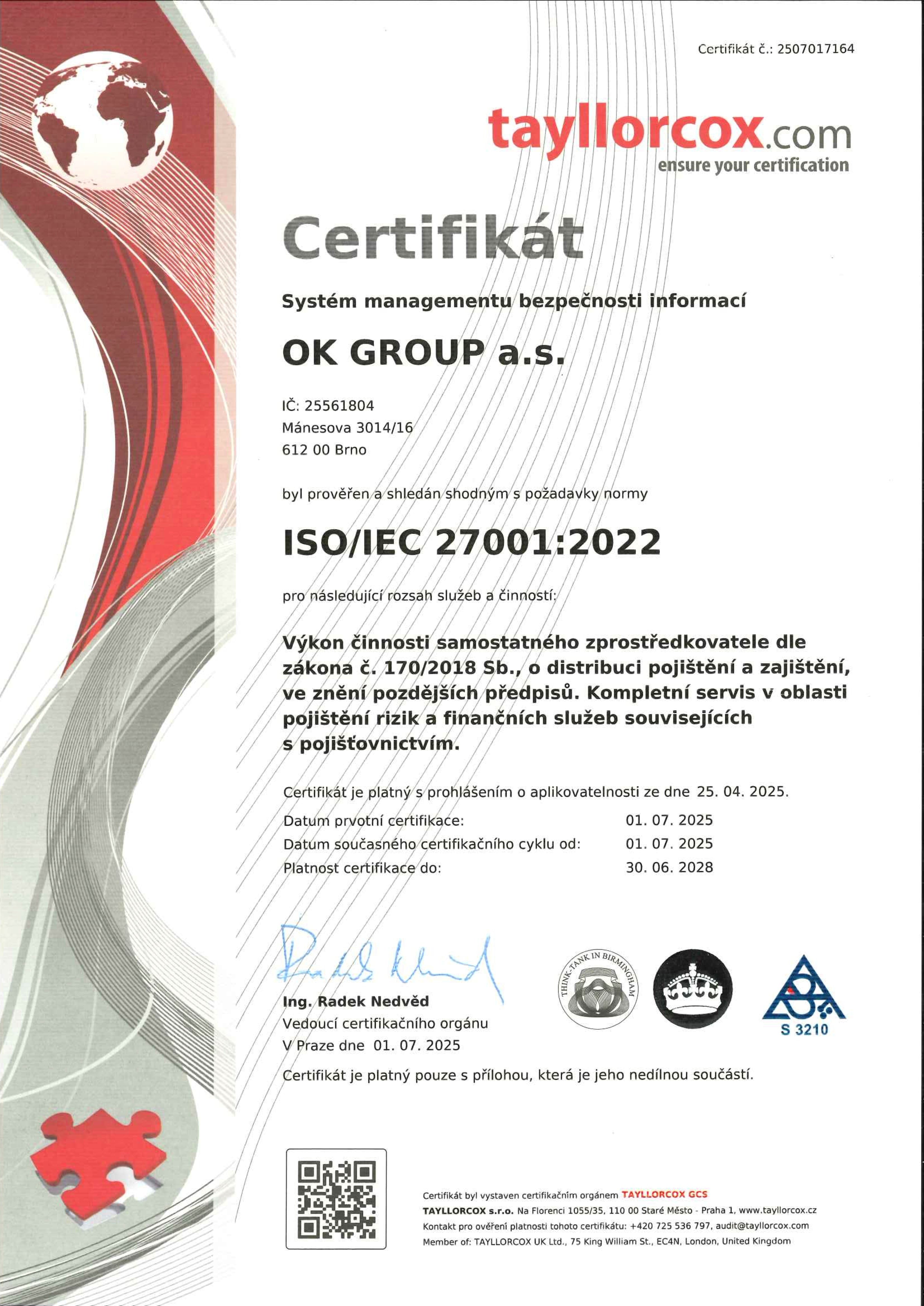Certifikát ISO/IEC 27001